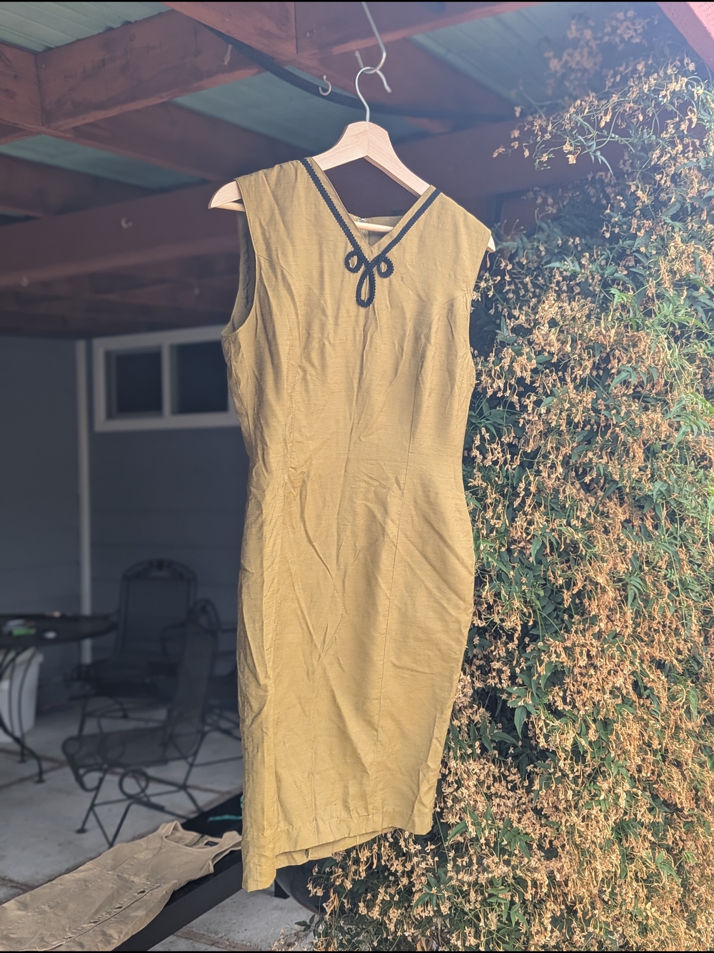 Sleeveless Olive Sheath Dress with Contrast Trim